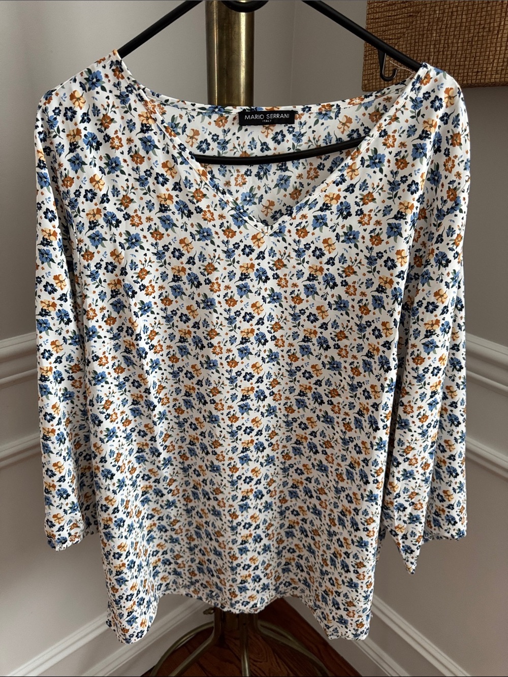 Mario Serrani White V-Neck Long Sleeve Top with Blue & Mustard Floral Print